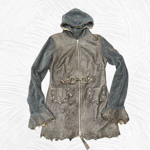 Sherry Nikka Raw Edge Hooded Leather Fleece Jacket Med Goth Rocker Medievel rare